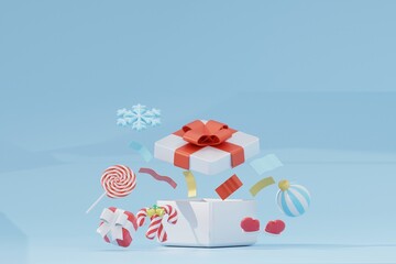 Fototapeta premium Open gift box and confetti falling with christmas decorations on blue background. 3d rendering