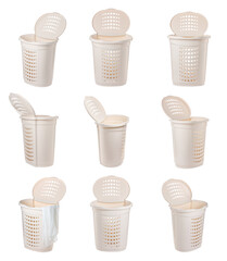 Beige laundry basket on white background, view from different sides