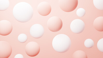 ピンク色の背景に白とピンクの複数の球体。背景素材。（横長）
