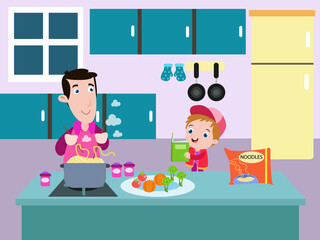 Boy cartoon and his father cooking noodles