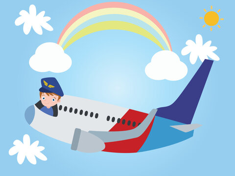 Boy riding airplane on the sky