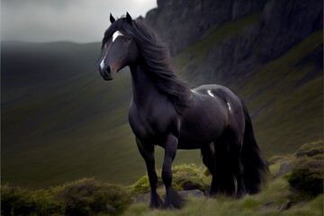 Obraz na płótnie Canvas Wild Fresian horse in it's natural habitat - generative ai