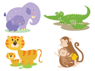 Obraz na płótnie Canvas set of cartoon animals with their cub, illustration set, isolated on white background