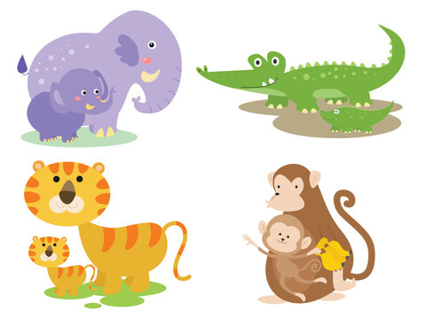 set of cartoon animals with their cub, illustration set, isolated on white background