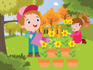 Children watering flower at the garden