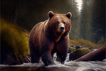 Brown bear in it's natural habitat - generative ai