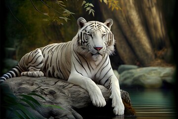 wild White Bengal tiger in it's natural habitat  - generative ai