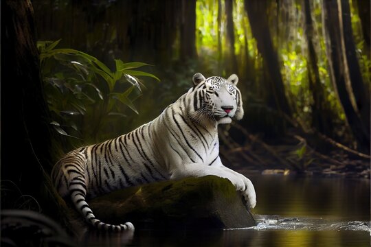 wild White Bengal tiger in it's natural habitat  - generative ai