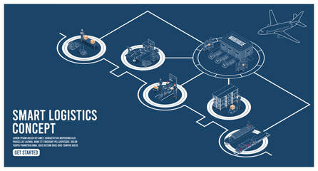 3D isometric Smart logistics concept with Warehouse Logistics and Management, Logistics solutions complete supply chain, transportation truck use wireless technology. Eps10 vector illustration