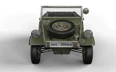 military car with a spare tire in front on a white background