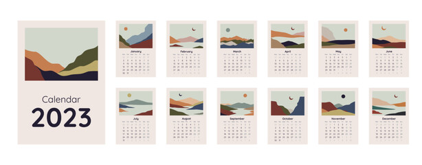 Calendar template for 2023. Vertical design with abstract natural boho landscapes. Editable illustration page template A4, A3, set of 12 months with cover. Vector mesh. Week starts on Monday.