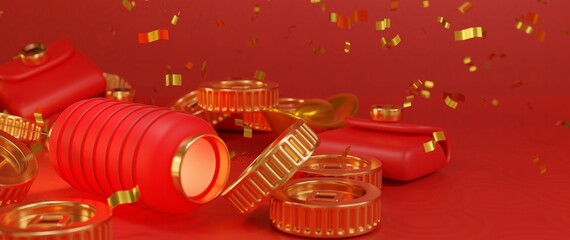 Chinese New Year background with decorations. 3d illustration
