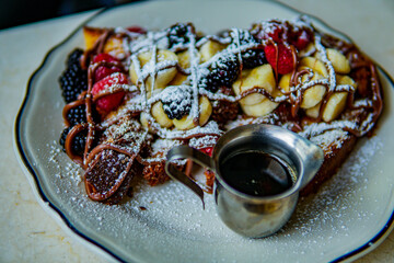 Fuits with waffles and chocolate 