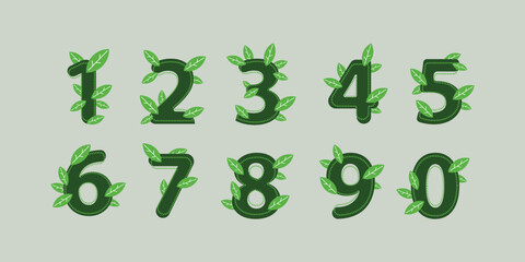 Numbers from zero to nine green with plant leaves. Sustainability and for plant lovers flat design filled and dotted version