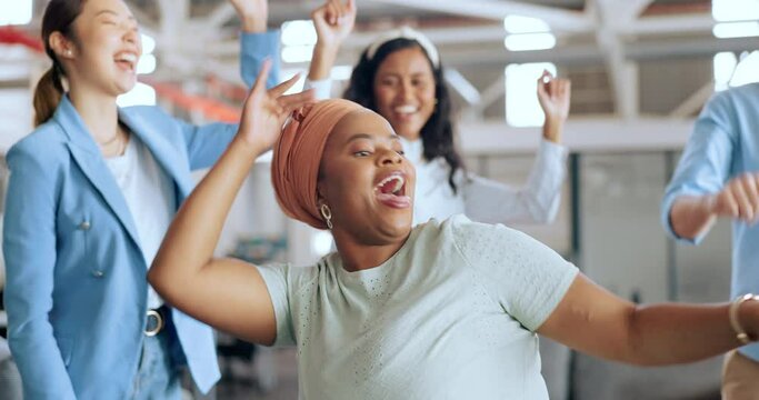 Business team, black woman and dance for success, happy celebration and achievement of goals. Dancing, energy and excited worker, winner and crazy comic workers in office to celebrate with motivation