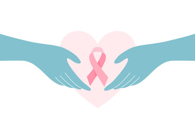 breast cancer ribbon on holding hands, flat vector illustration.