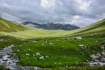 Fototapeta na wymiar Verdant alpine scenery on the Keskenkija Trek, Jyrgalan, Kyrgyzstan