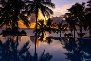 Fototapeta na wymiar Mirror Reflexion at a pool at the ocean with sunset and palm trees