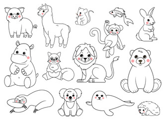 Obraz na płótnie Canvas Outline animals set. Collection of stickers for social networks and messengers. Lion, hippopotamus, bear and hare, koala, monkey. Cartoon flat vector illustrations isolated on white background