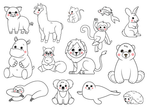 Outline animals set. Collection of stickers for social networks and messengers. Lion, hippopotamus, bear and hare, koala, monkey. Cartoon flat vector illustrations isolated on white background