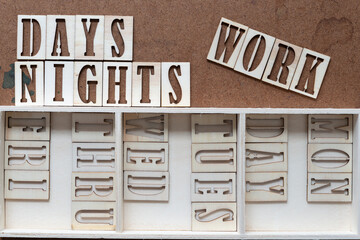 days nights and work of the week in stencil type on grungy work board - thursday abbreviated as thru