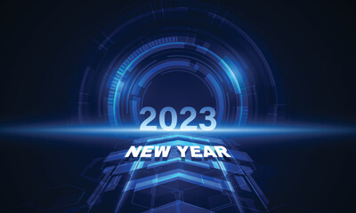 Happy New Year 2023 celebration with bule light abstract clock on futuristic technology background, countdown concept.