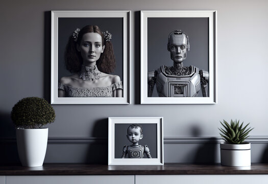 humanoid robots are framed in family portrait pictures in a living room, artificial intelligence, generative ai, 