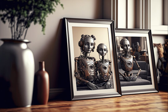 humanoid robots are framed in family portrait pictures in a living roo, artificial intelligence, generative ai, 