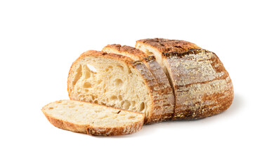 Sliced Sourdough Bread isolated on white background, homemade bakery concept - obrazy, fototapety, plakaty