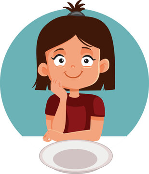 Happy Little Girl Waiting for a Meal Vector Cartoon Illustration. Hungry child waiting with patience for lunch sitting at the table
