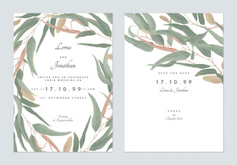 Foliage wedding invitation card template design, eucalyptus leaves on white