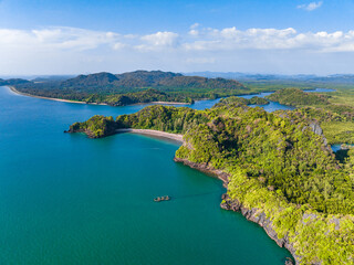 Aerial view of Prasat Hin Pun Yod secret beach in Satun, Thailand