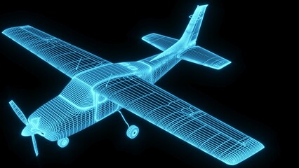 3D rendering illustration aeroplane blueprint glowing neon hologram futuristic show technology security for premium product business finance  transportation