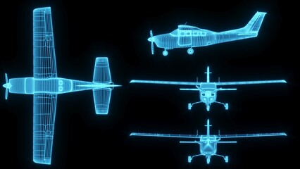 3D rendering illustration aeroplane blueprint glowing neon hologram futuristic show technology security for premium product business finance  transportation