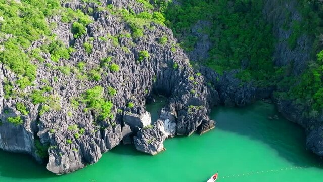 Aerial view of Prasat Hin Pun Yod secret beach in Satun, Thailand