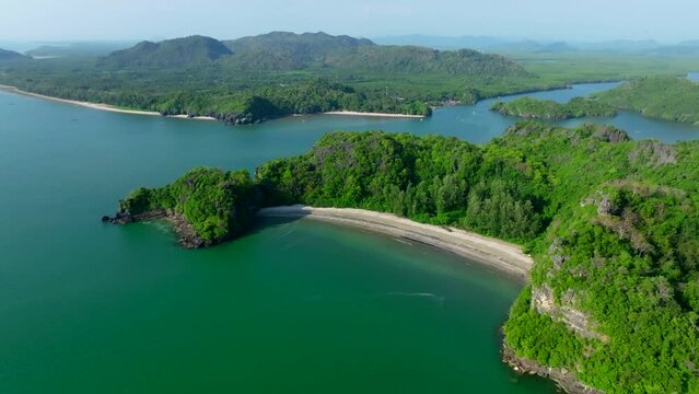 Aerial view of Prasat Hin Pun Yod secret beach in Satun, Thailand