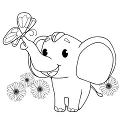 Cute baby elephant with butterfly, vector illustration.coloring book.coloring pages.