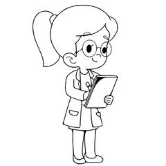 Female scientist vector illustration isolated on white background.coloring book.coloring page outline
