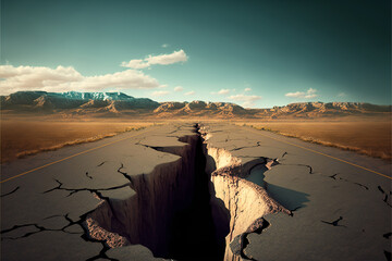 Crack caused in ground by earthquake. Generative ai. - obrazy, fototapety, plakaty