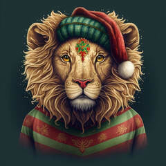 Lion illustration with Christmas clothes. Generative AI.