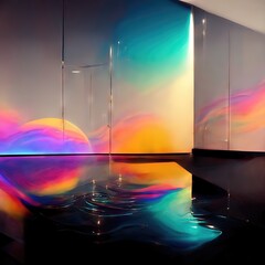 Reflections and refractions of glass in a room surrounded by rainbow colors, background design produced by Ai, abstract, exquisite, elegant, retro and detailed