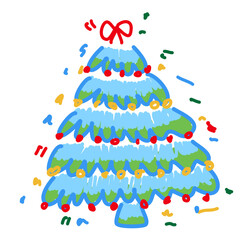 coloring various lagom firs with hatching scribble style. Hand-drawn Christmas trees with toys. ink element for cards, stamps, banners and your creativity