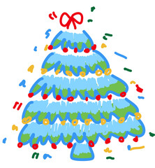 coloring various lagom firs with hatching scribble style. Hand-drawn Christmas trees with toys. ink element for cards, stamps, banners and your creativity