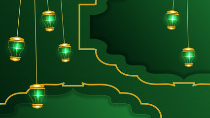 Ramadan background design with green and gold islamic decoration for greeting card. Vector illustration