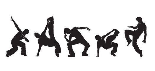 Collection of Dancing street dance black silhouettes in urban style on white background, vector illustration.