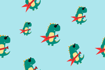 Vector seamless pattern cute little dino playing guitar concept design illustration