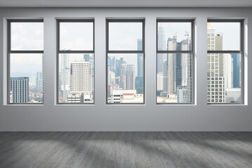 Downtown Kuala Lumpur City Skyline Buildings from High Rise Window. Beautiful Expensive Real Estate overlooking. Empty room Interior Skyscrapers View Malaysia. Day time. 3d rendering.
