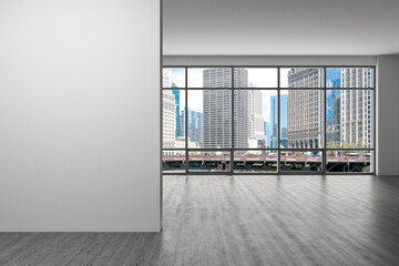Downtown Chicago City Skyline Buildings Window background. Mockup empty copy space wall. Office room Interior Skyscrapers, River walk, bridge, waterfront view. Cityscape. Day. Ad concept. 3d rendering