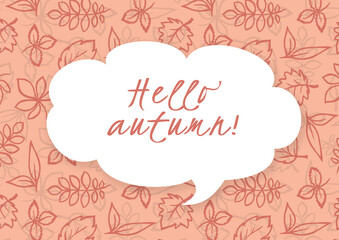 Hello Autumn banner on a pink background with leaves. Autumn text frame. Autumn Design Template