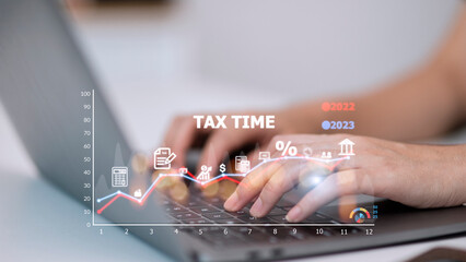 Concept of tax payment optimization business finance, people with taxes icon on technology screen, income tax and property, background for business, individuals and corporations such as VAT